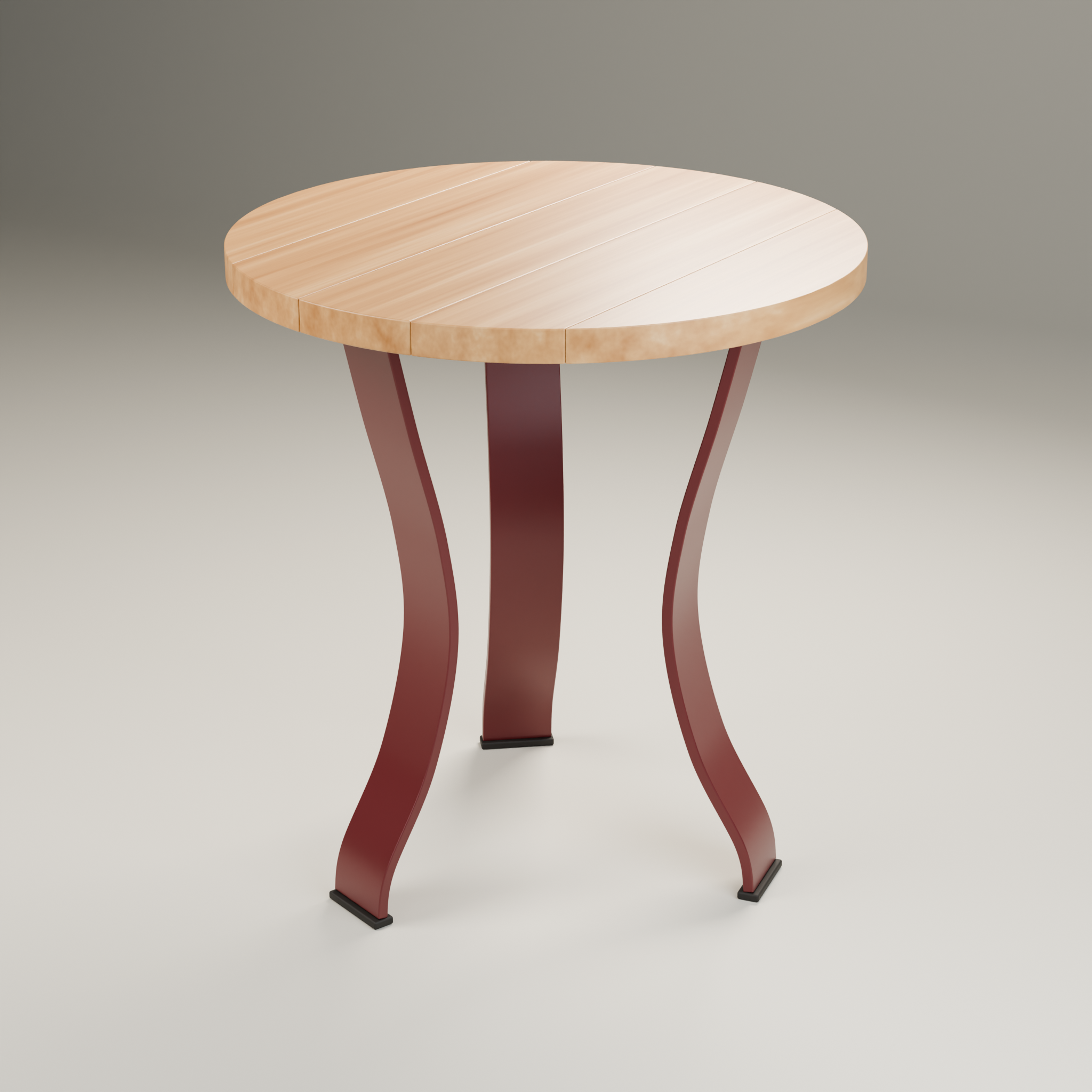 Original Pier side table concept with a light timber top and oxblood steel tripod base